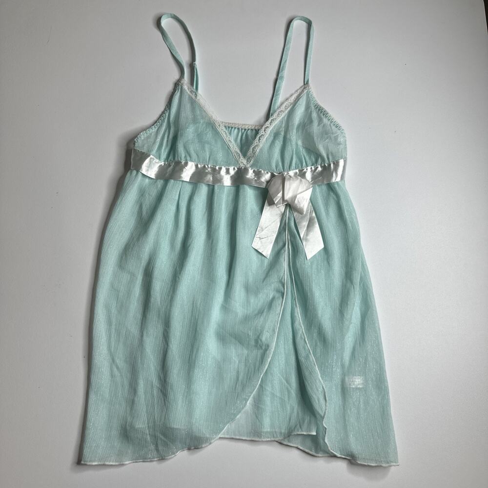 Y2K Sparkle Sheer Lace Slip Dress Blue Bow Lingerie Medium Angelcore Coquette - Picture 3 of 13